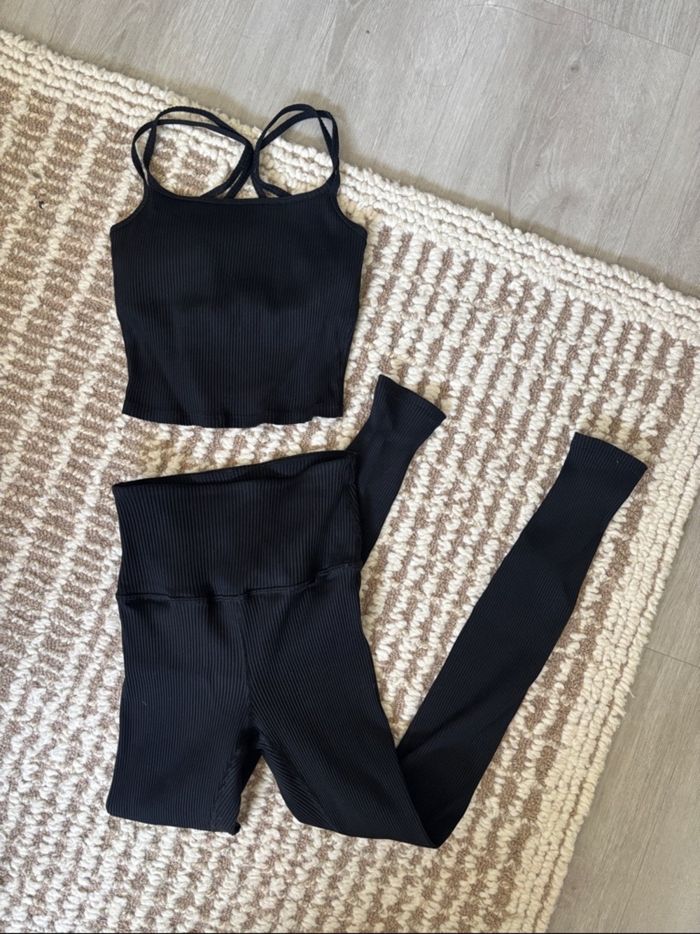 Carbon38 Black Ribbed Crossback Crop Top and High-Waist Leggings Set